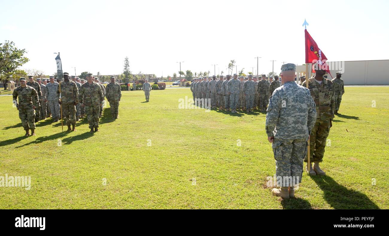 U.S. Army Lt. Col. Jeffery Slown, Task Force Talon Commander, addresses Delta Battery and Bravo Battery, 2nd Air Defense Artillery Regiment, Feb. 5, 2016, during a relief in place ceremony at Andersen Air Force Base, Guam. Stock Photo