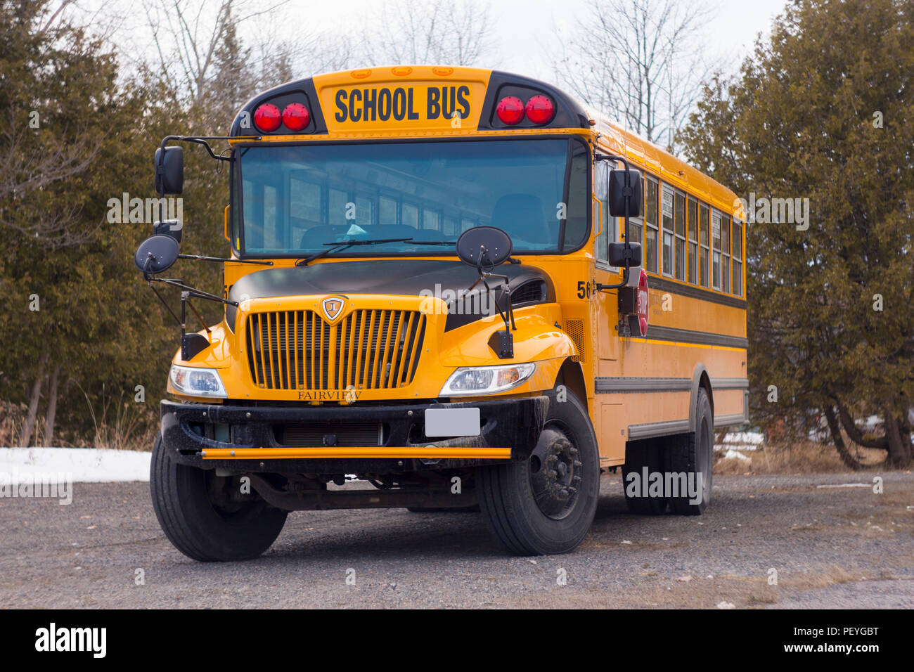 Yellow typical Canada canadian schoolbus for children and students safe transport to school in winter Stock Photo