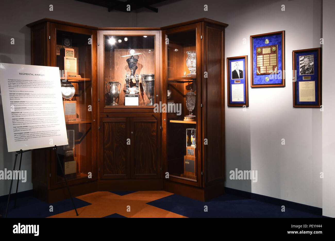 The image shows the display cabinet which holds the Regimental Awards of the 2nd Cavalry Regiment in the unit’s Reed Museum, located on Rose Barracks, Vilseck, Germany, Feb. 11, 2016. The Reed Museum collects, preserves and exhibits historically significant objects related to the history of the Second Regiment of Dragoons, from 1836 to the present. (U.S. Army photo by Visual Information Specialist Gertrud Zach/released) Stock Photo