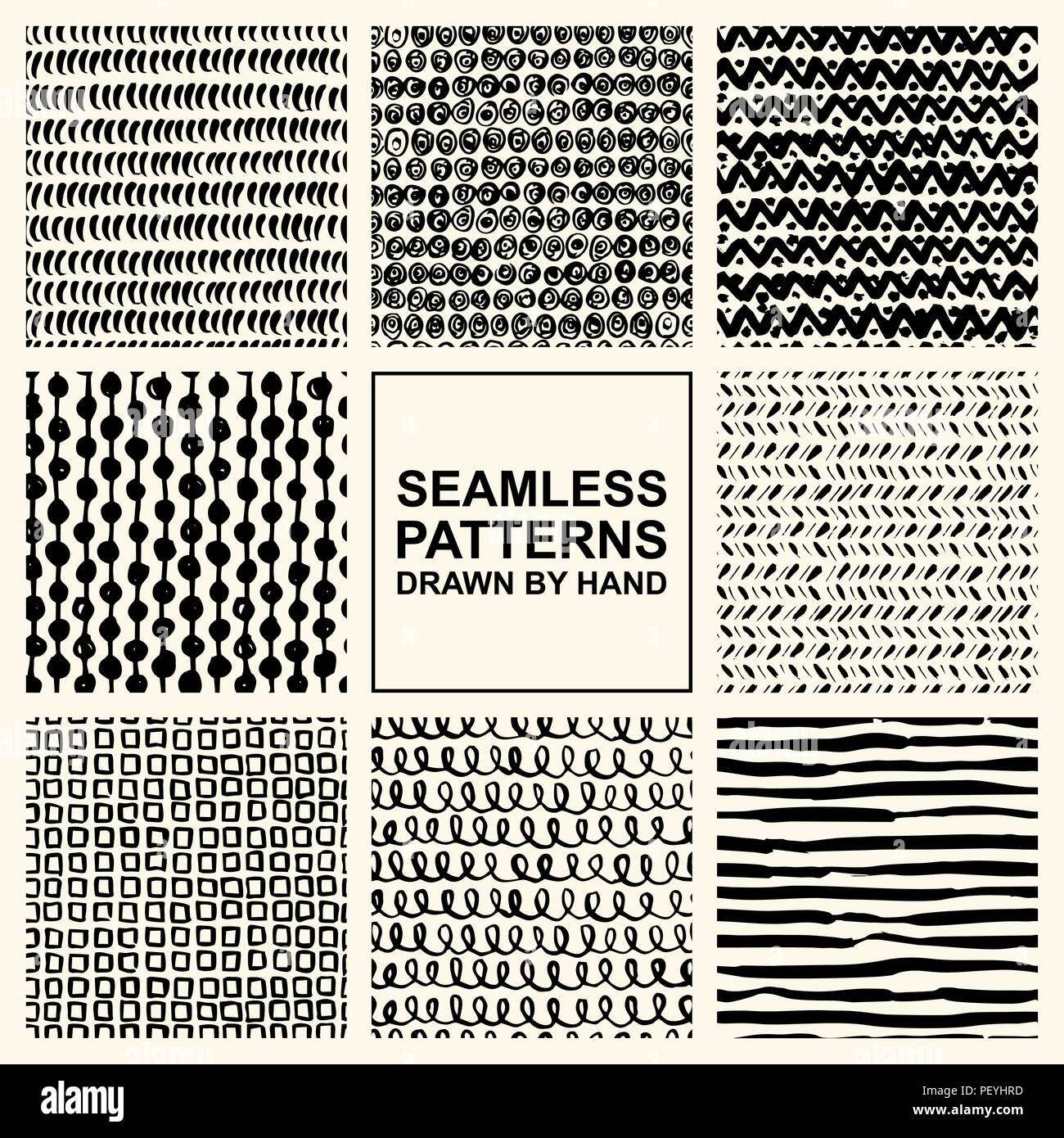Vector set of hand drawn seamless pattern made with ink. Freehand ...