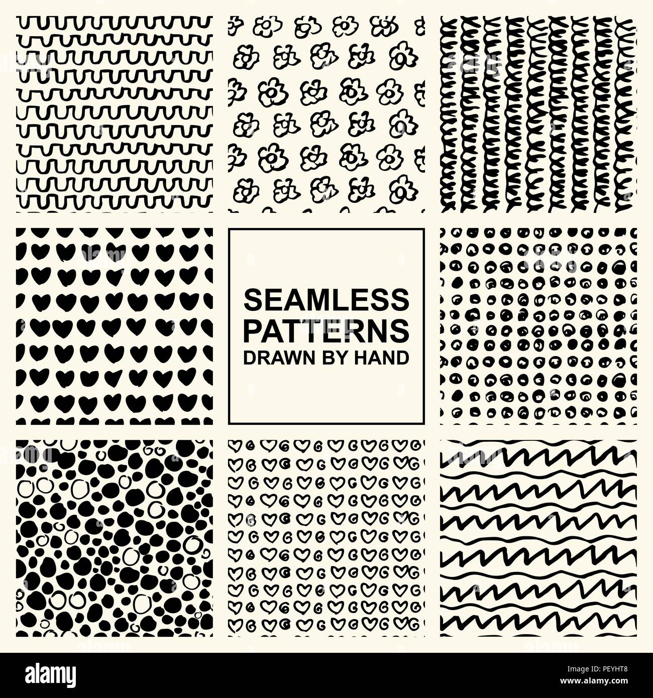 Vector set of hand drawn seamless pattern made with ink. Freehand ...