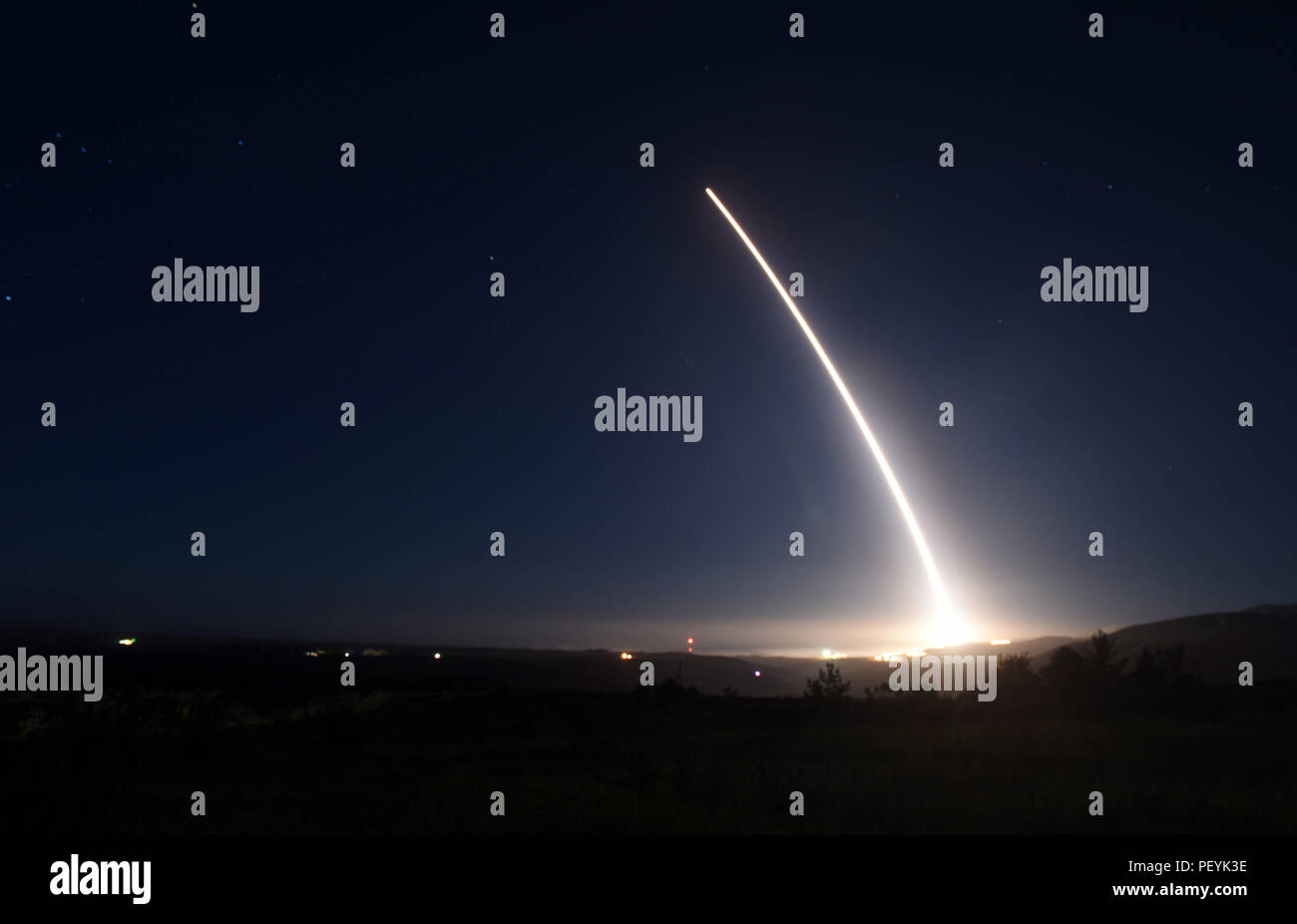 An unarmed Minuteman III intercontinental ballistic missile launches during an operational test at 11:34 p.m., Feb. 20, 2016, Vandenberg Air Force Base, Calif. Stock Photo