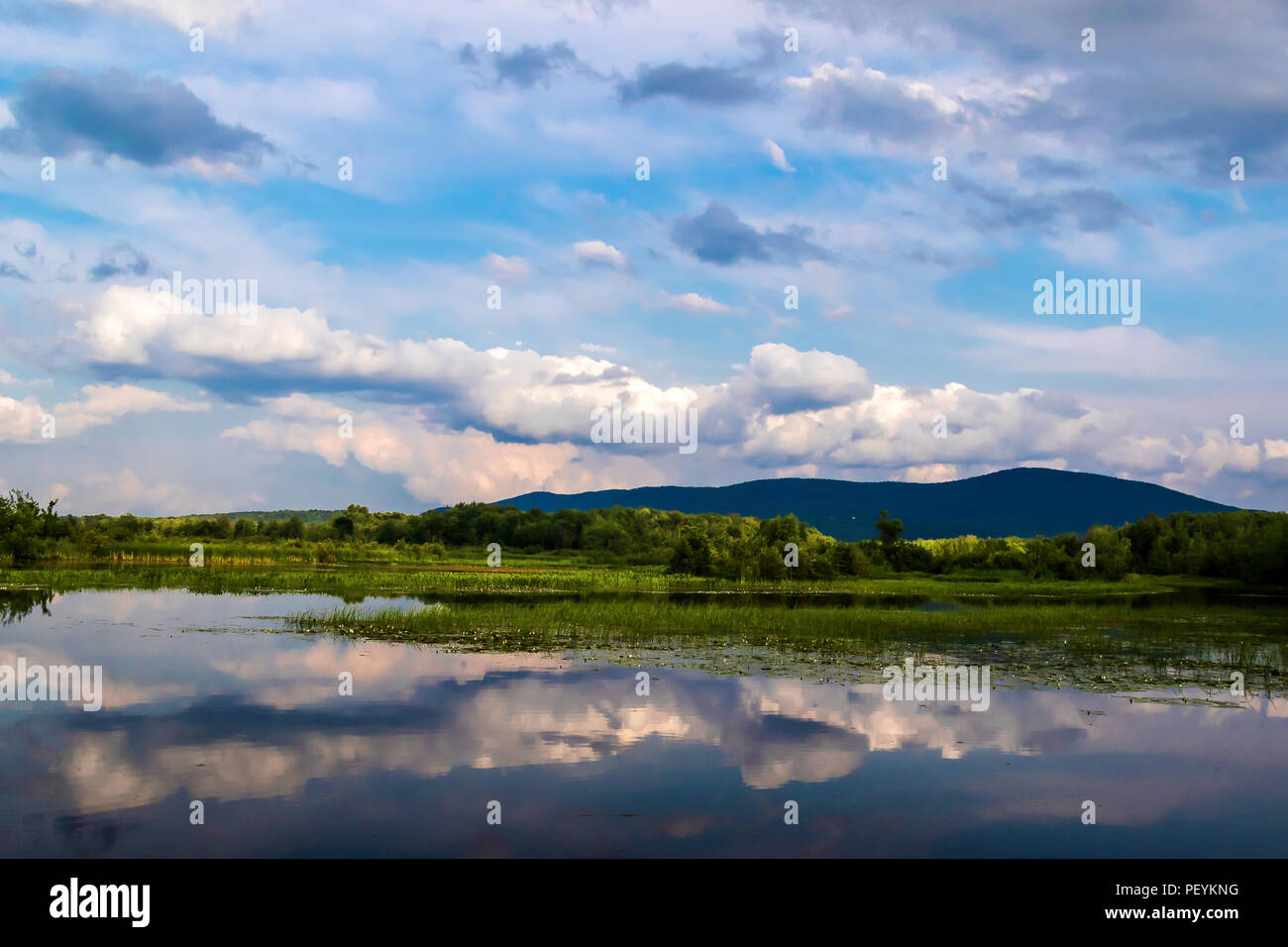 Nature around Lac Boivin in Granby, Eastern Townships, Quebec, Canada. View of landscape from Lac Boivin. Mont Shefford in the background. Stock Photo