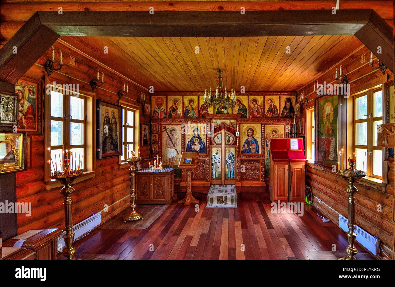 Chemal village, Altai republic, Russia - July 23, 2018 - Interior of Christian Chapel of St. Macarius (Nevsky), Metropolitan of Altai - first missiona Stock Photo