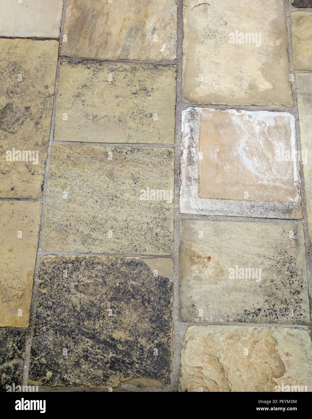Closeup of nine slabs that form part of large areas wonderful old real Yorkstone slabs around a