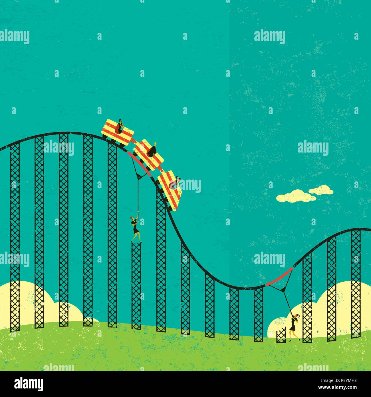 Support in a roller coaster economy. Businesswomen supporting the broken tracks of the roller coaster economy so their clients don't fall off. Stock Vector