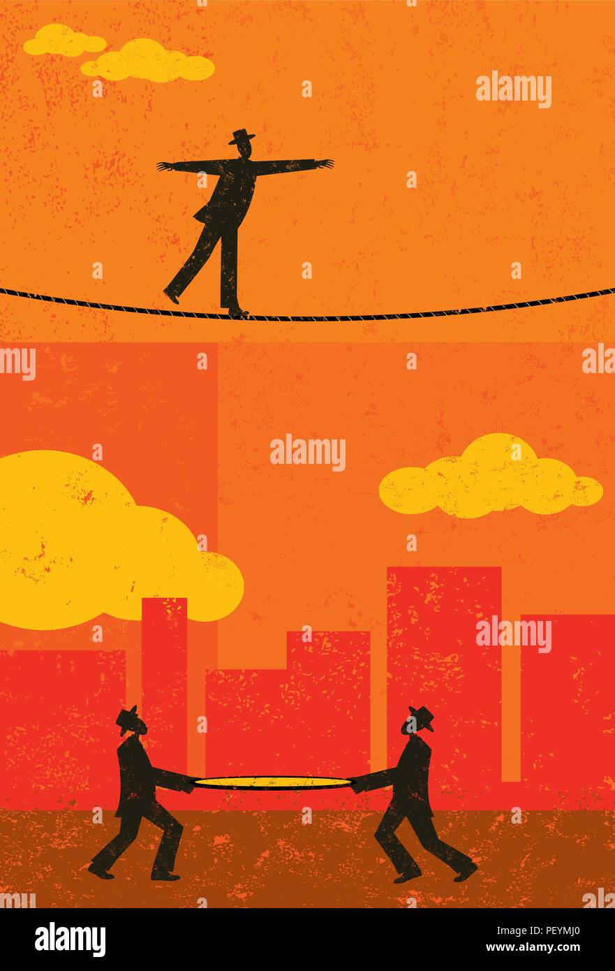 Walking a Tightrope. A retro businessman walking a tightrope with two men and a safety net underneath in case he falls. Stock Vector