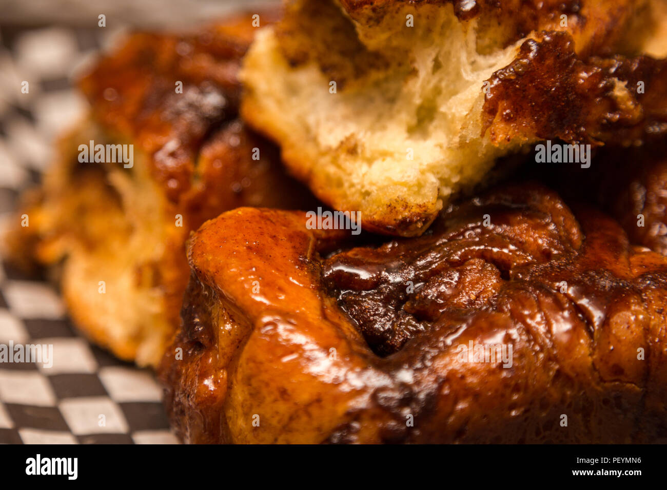 A close up of freshly baked cinnamon buns. Stock Photo