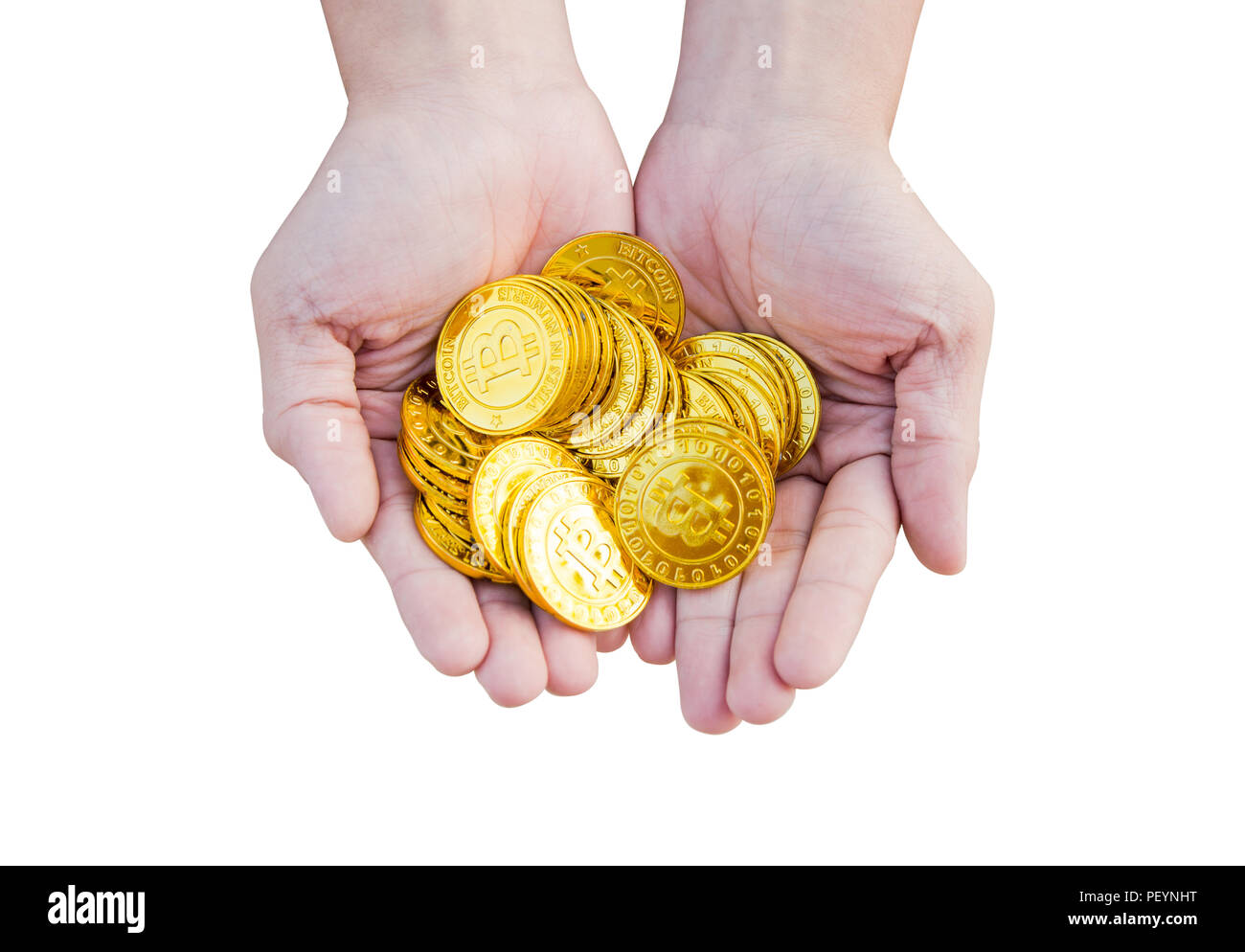 Close up of a bitcoin coins in woman hand isolated on white background with clipping path Stock Photo