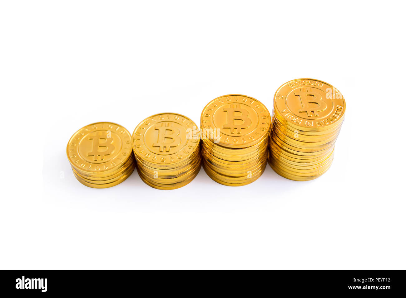 Golden bitcoin coins stack. Isolated on white background with clipping ...
