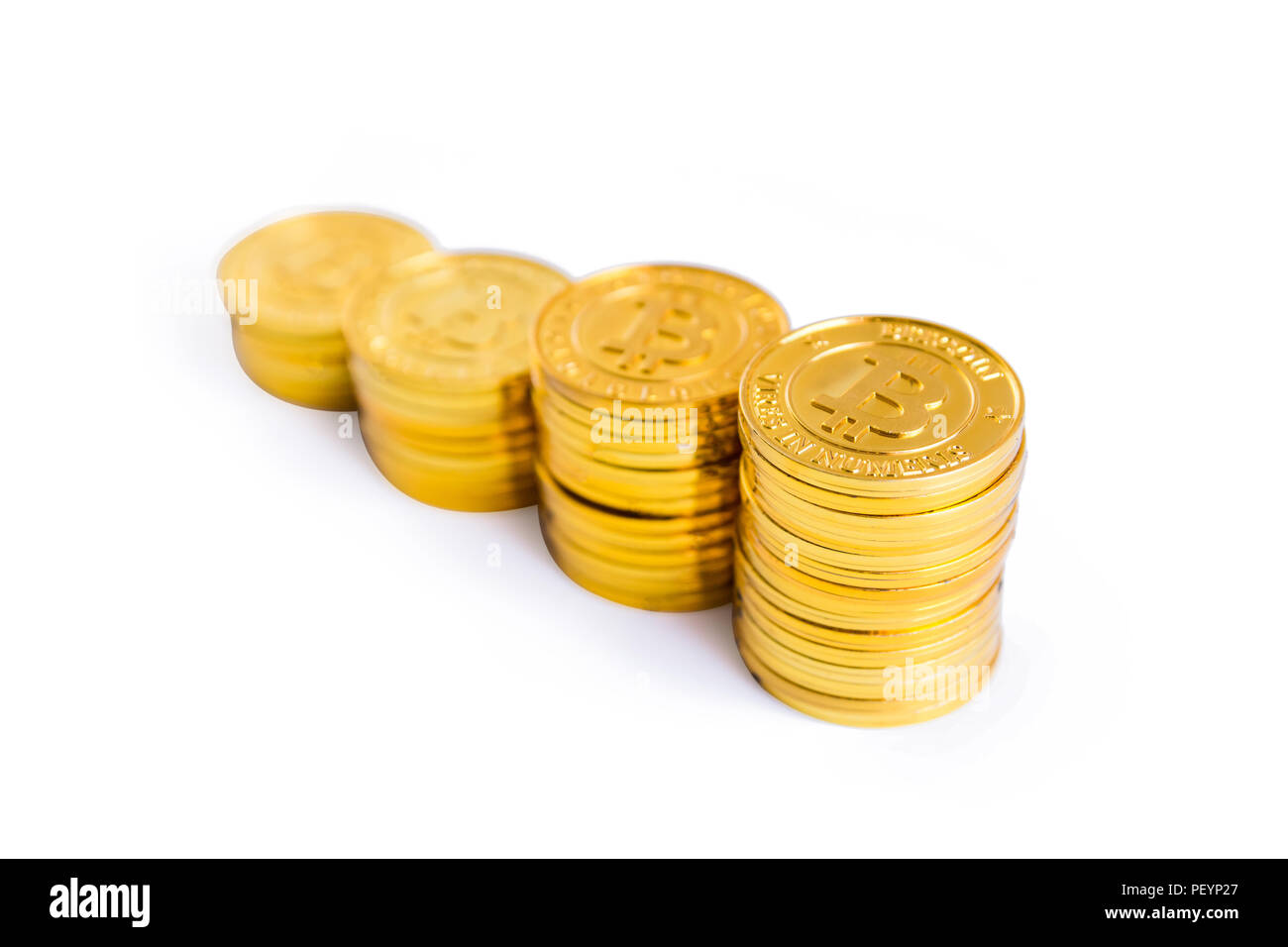 Golden bitcoin coins stack. Isolated on white background with clipping ...