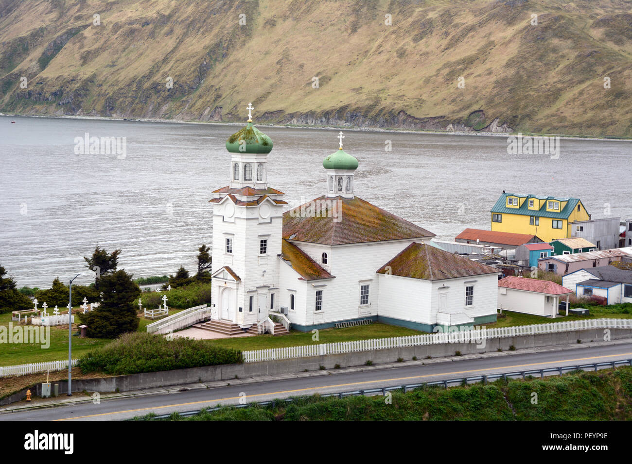 The Church of the Holy Ascension, a 19th century Orthodox church built by Russian colonists, Unalaska Island, Aleutian archipelago, Alaska. Stock Photo