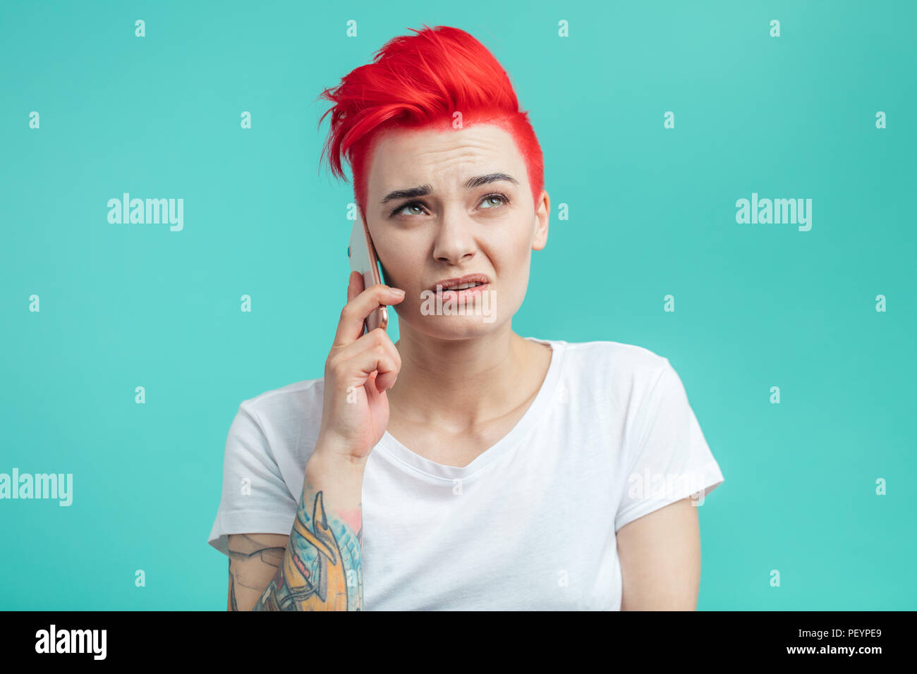 Young Stylish Woman With Pink Short Hair Doesn T Want To Talk With