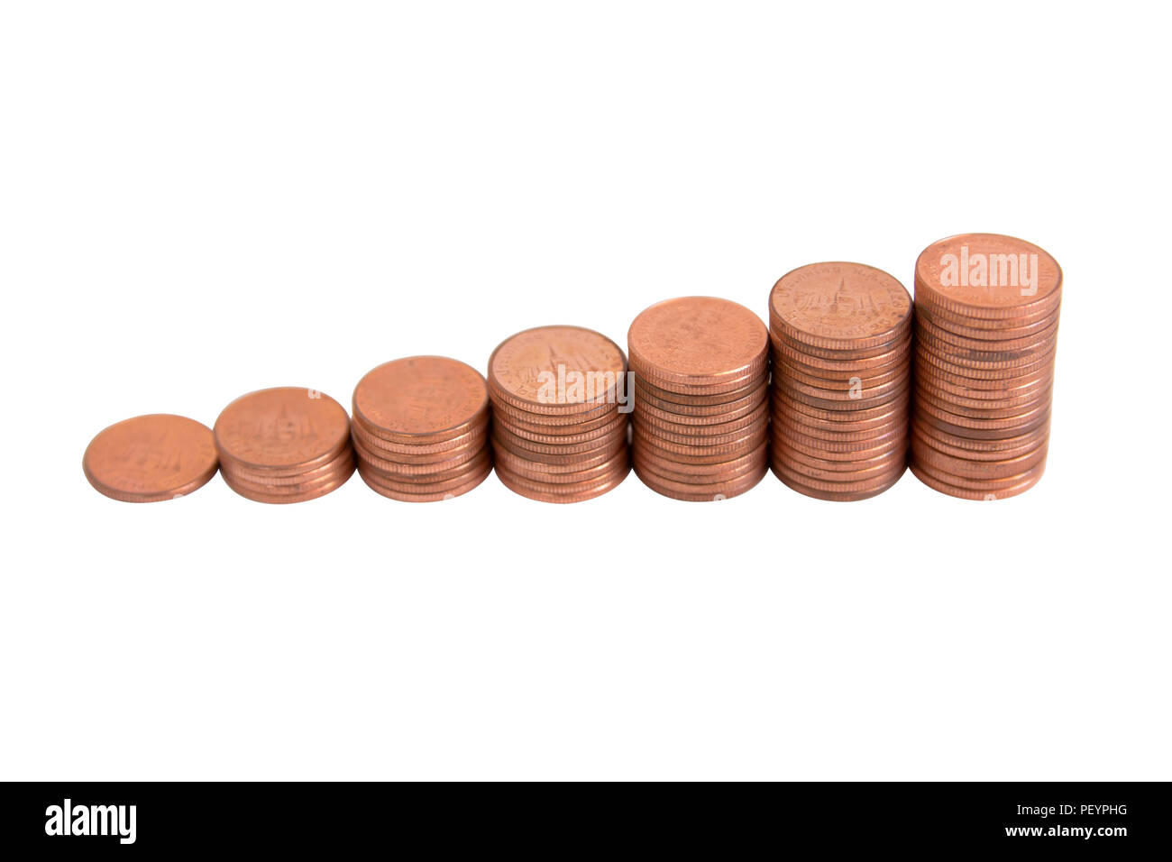 Stacks of copper coins isolated on white background with clipping path Stock Photo