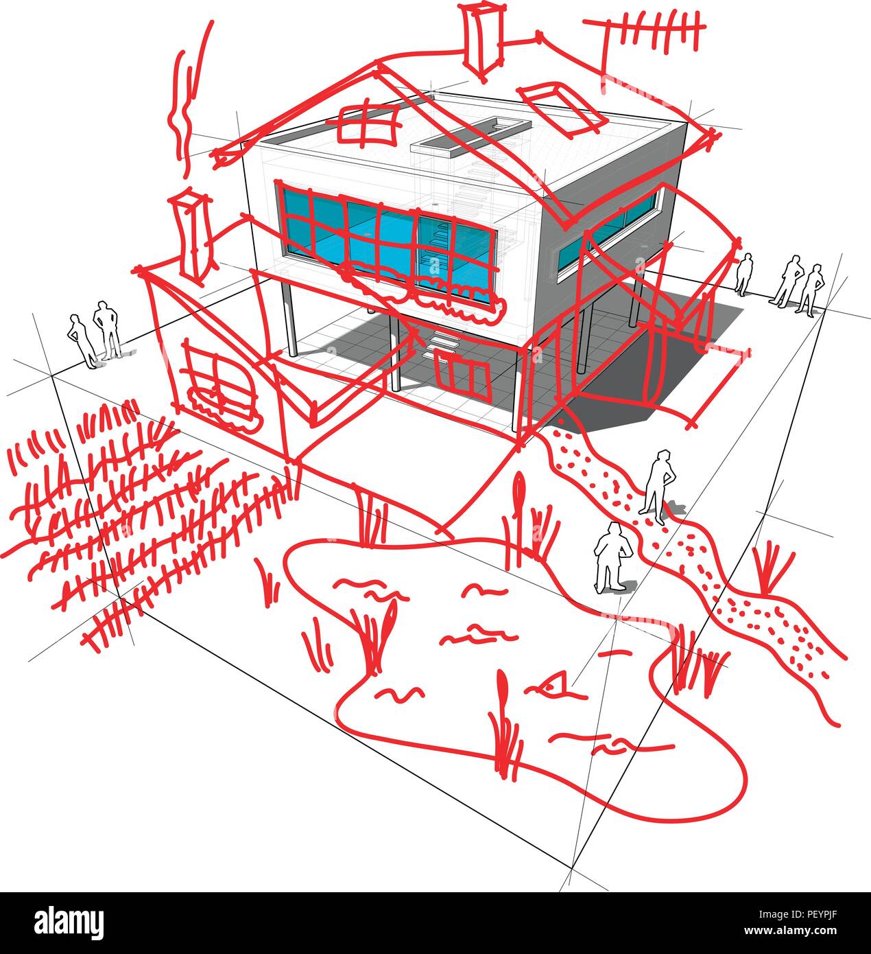 diagram of a possible  modern house or villa  redesign when creating a pseudo romantic detached house out of modern architecture Stock Vector