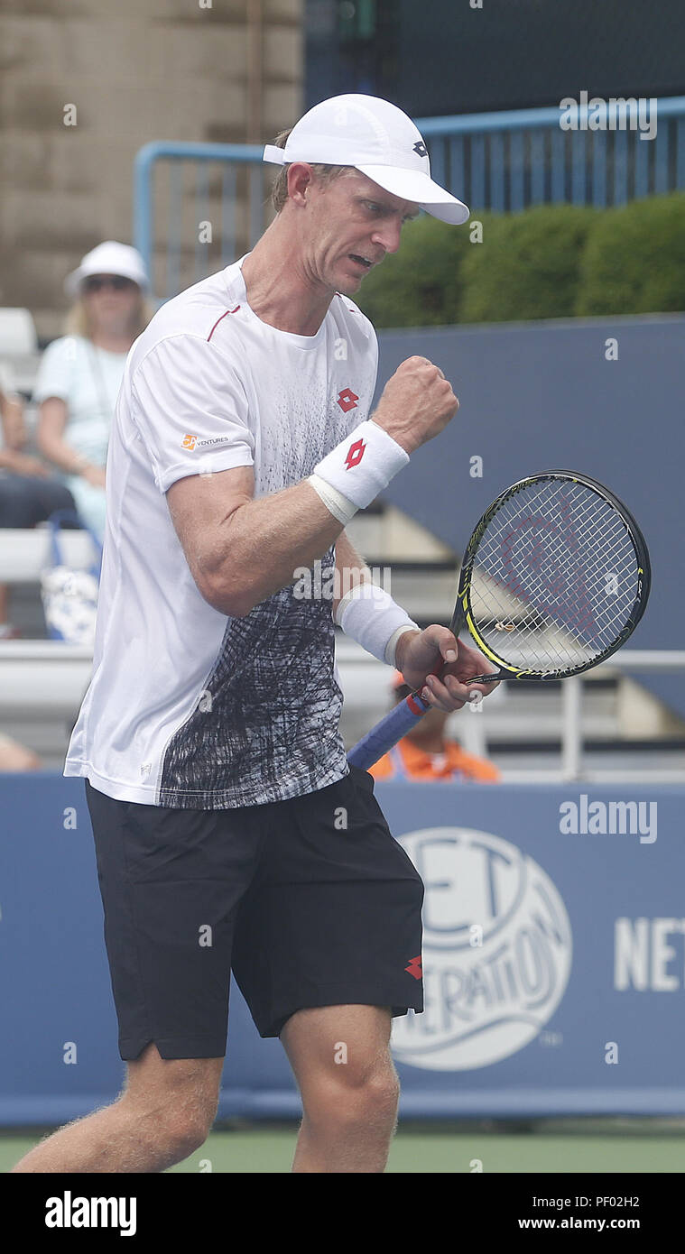 Mason, Ohio, USA. 17th Aug, 2018. Kevin Anderson pumps his fist after  winning a point as he takes on David Goffin at the Western and Southern  Open at the Lindner Family Tennis