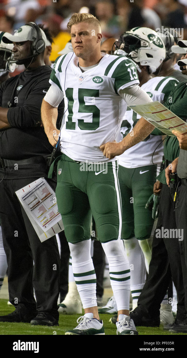 New York Jets quarterback Josh McCown (15) watches second quarter action  from the sidelines during the game against the Washington Redskins at FedEx  Field in Landover, Maryland on Thursday, August 16, 2018.