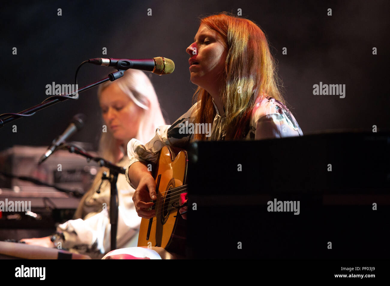 Glanusk Park, Brecon, Wales, 17th August 2018.  Day One of the Green Man music festival in the Brecon Beacons Mountains in Wales. Pictured: Norwegian singer-songwriter Susanne Sundfor plays the Walled Garden Stage. Credit: Rob Watkins/Alamy Live News Stock Photo
