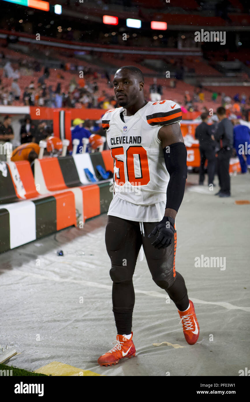 Ohio, USA. August 17, 2018: Cleveland Browns defensive end Chris Smith (50)  makes his way into the locker room after the NFL football game between the Buffalo  Bills and the Cleveland Browns