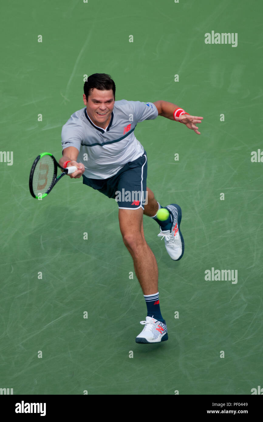 Cincinnati, OH, USA. 17th Aug, 2018. Western and Southern Open Tennis,  Cincinnati, OH - August 17, 2018 - Milos Raonic in action against Novak  Djokovic in the Western and Southern Tennis tournament