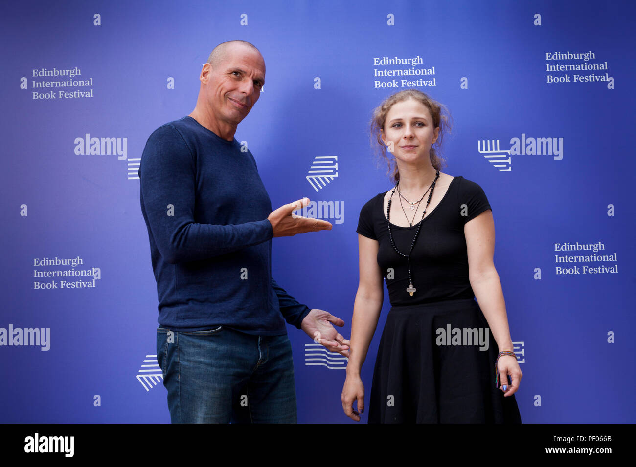 Edinburgh, UK. 18th August, 2018. Yanis Varoufakis (left) & Maria Alyokhina (Pussy Riot). Maria Vladimirovna 'Masha' Alyokhina is a Russian political activist. She is a member of the anti-Putinist punk rock group Pussy Riot. Yanis Varoufakis, the Greek economist, academic and politician, who served as the Greek Minister of Finance from January to July 2015. Pictured at the Edinburgh International Book Festival. Edinburgh, Scotland.  Picture by Gary Doak / Alamy Live News Stock Photo