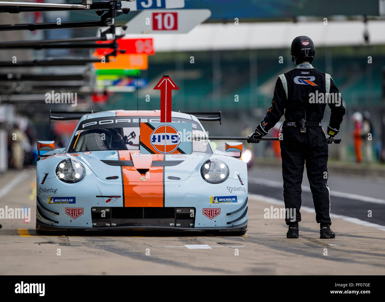 Silverstone Circuit, UK. 18th Aug, 2018. FIA World Endurance Championship;  The Porsche 911 RSR LMGTE Am racing car from Gulf Racing Team (DEU) driven  by Michael Wainwright (GBR) Benjamin Barker (GBR) and