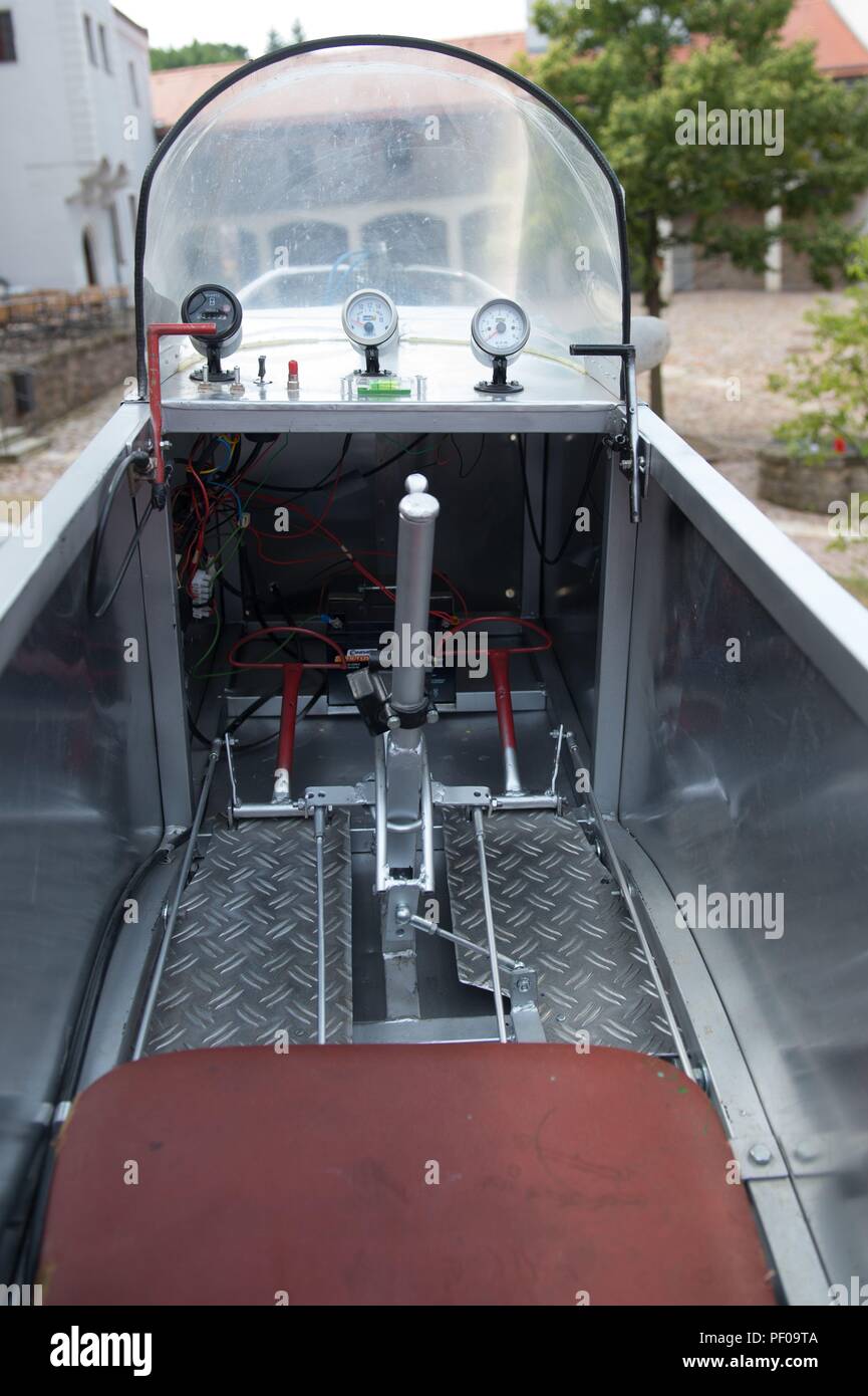 Meissen, Germany. 18th Aug, 2018. The cockpit of Michael Schlosser's  self-built aircraft "Ikarus". Born in Thuringia, Schlosser secretly built a  plane in the GDR in 1983 to flee to West Germany, but