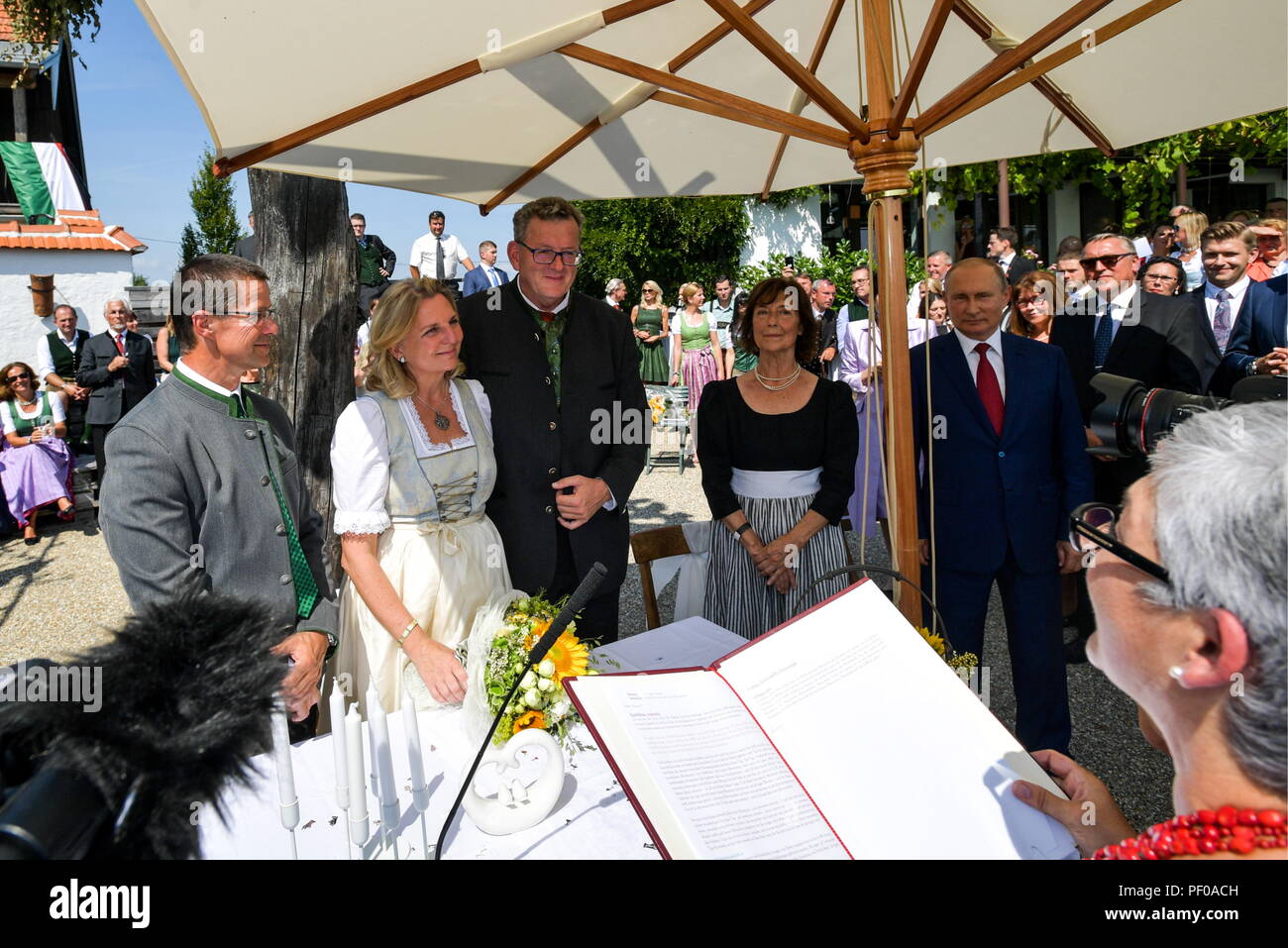 Gamlitz Russia 18th August 2018 Austria S Foreign Minister Karin Kneissl The Bride Businessman Wolfgang Meilinger C Groom And President Vladimir Putin R During A Wedding Ceremony Alexei Druzhinin Russian Presidential Press 