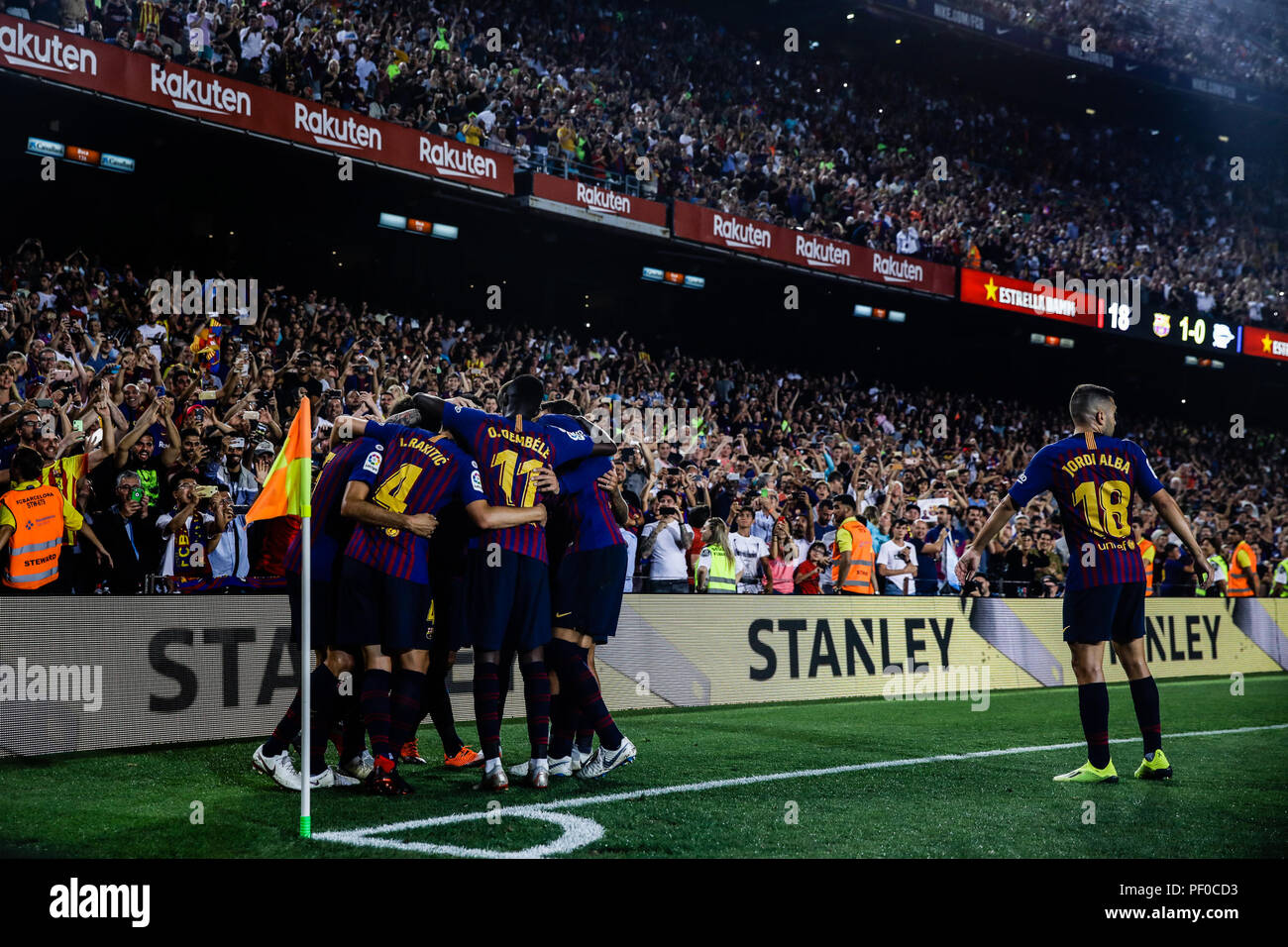 Barcelona, Spain.. 18th Aug, 2018. Leo Messi from Argentina celebrating his goal with the team during the La Liga game between FC Barcelona against Deportivo Alaves in Camp Nou Stadium at Barcelona, on 18 of August of 2018, Spain. 18th Aug, 2018. Credit: AFP7/ZUMA Wire/Alamy Live News Credit: ZUMA Press, Inc./Alamy Live News Stock Photo