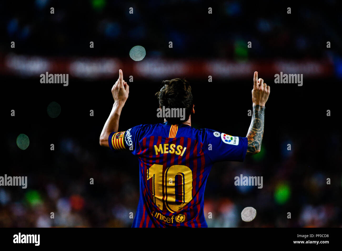 Barcelona, Spain.. 18th Aug, 2018. Leo Messi from Argentina celebrating his goal during the La Liga game between FC Barcelona against Deportivo Alaves in Camp Nou Stadium at Barcelona, on 18 of August of 2018, Spain. 18th Aug, 2018. Credit: AFP7/ZUMA Wire/Alamy Live News Credit: ZUMA Press, Inc./Alamy Live News Stock Photo