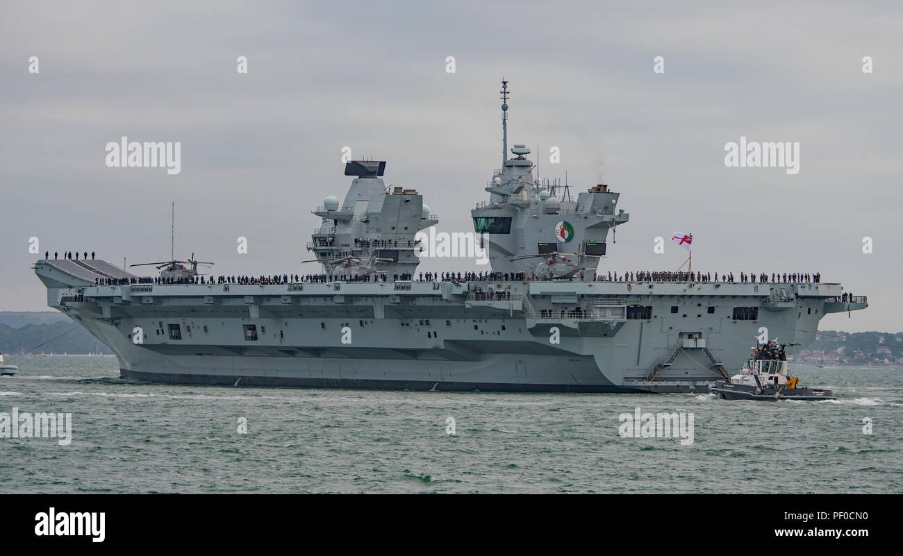 Portsmouth, UK. 18th August, 2018. The Royal Navy Aircraft Carrier, HMS Queen Elizabeth has left for a four month deployment to the United States during which the warship will conduct trials with the new F-35B Lightning II fighter aircraft. Credit: Neil Watkin /  Alamy Live News Stock Photo