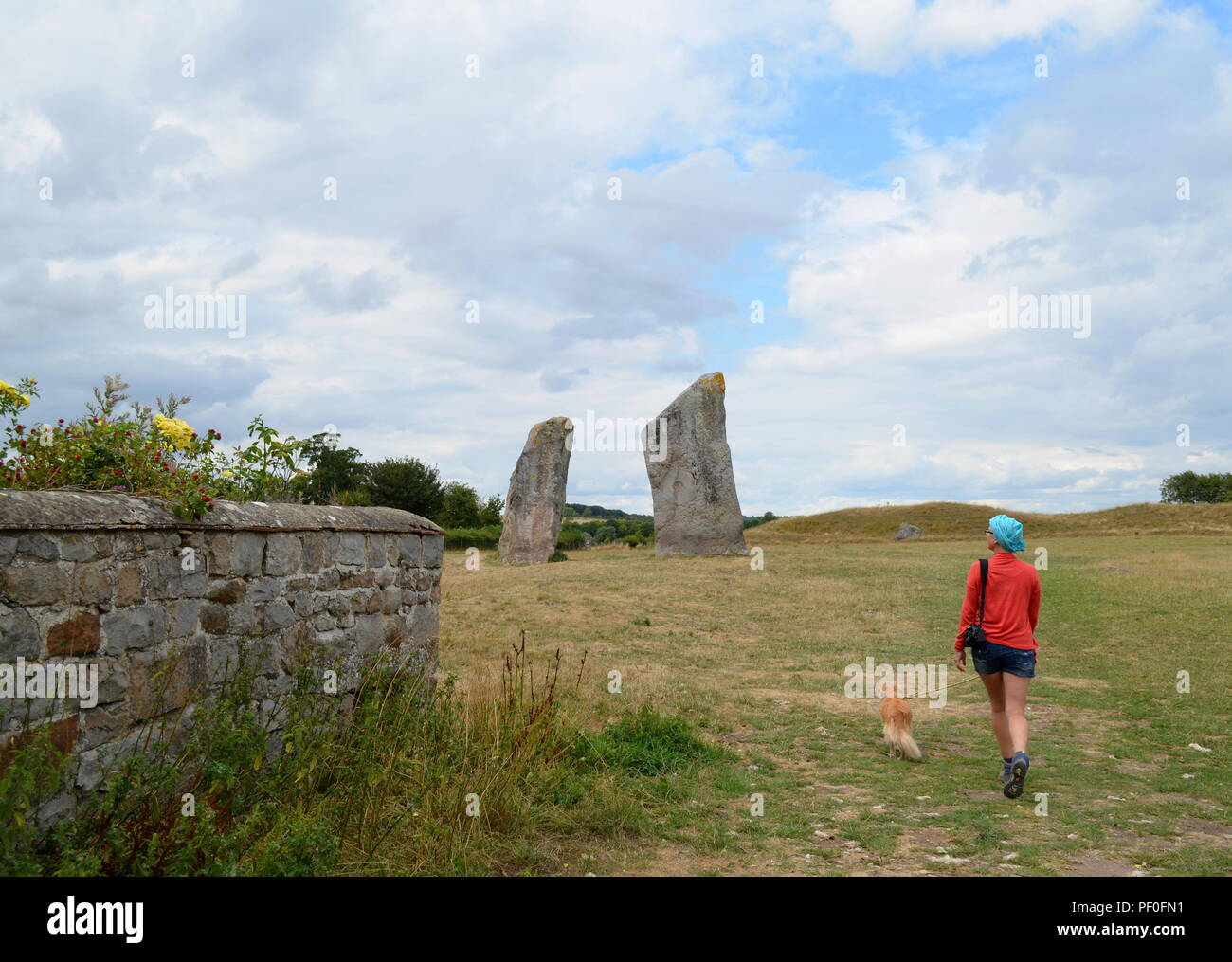 A woman walking her dog at Avebury, a monument containing three stone circles, around the village of Avebury in Wiltshire, in southwest England. Stock Photo