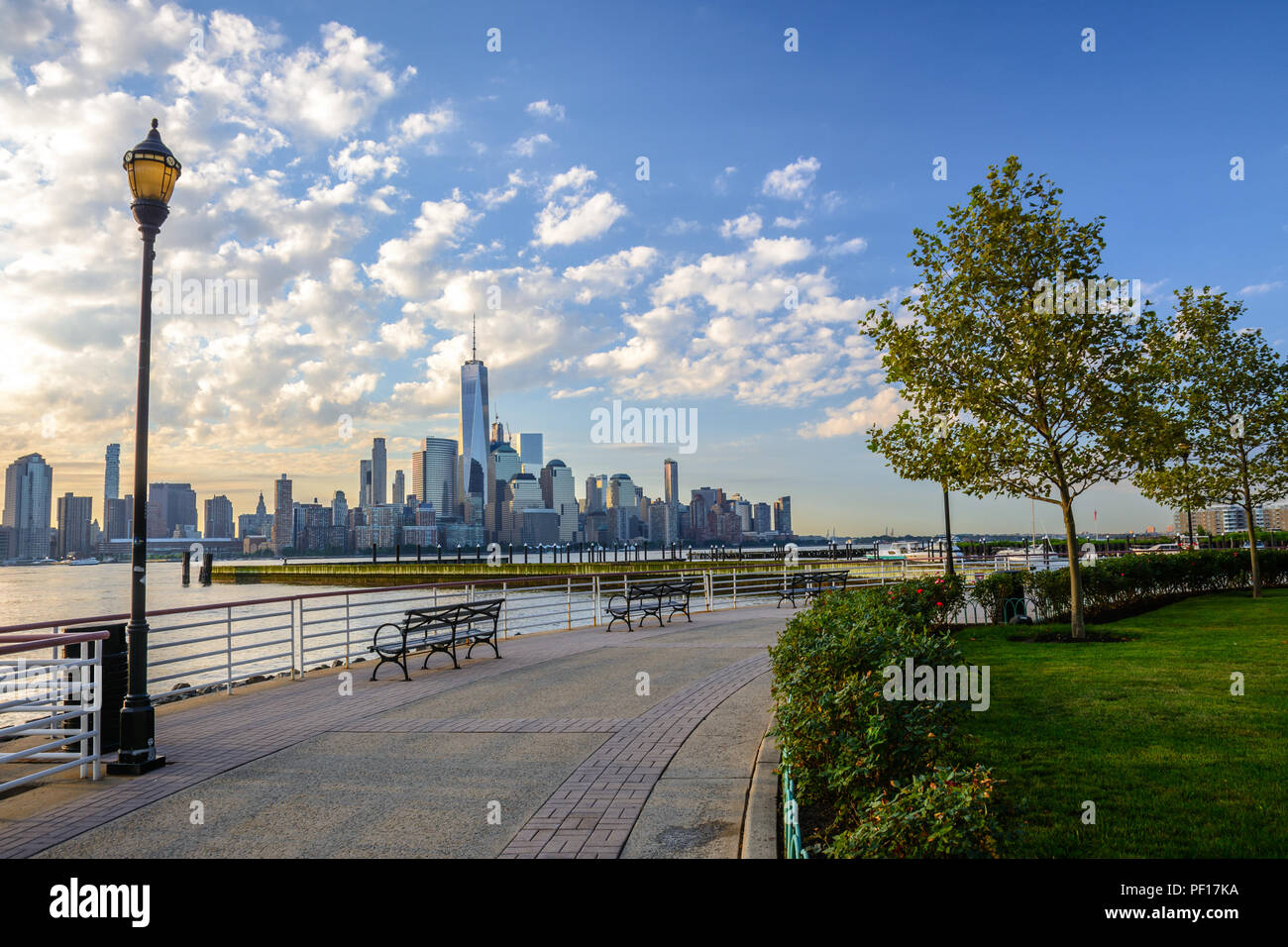 Downtown New York and Lower Manhattan as seen from the Jersey City side of the Hudson River. Stock Photo