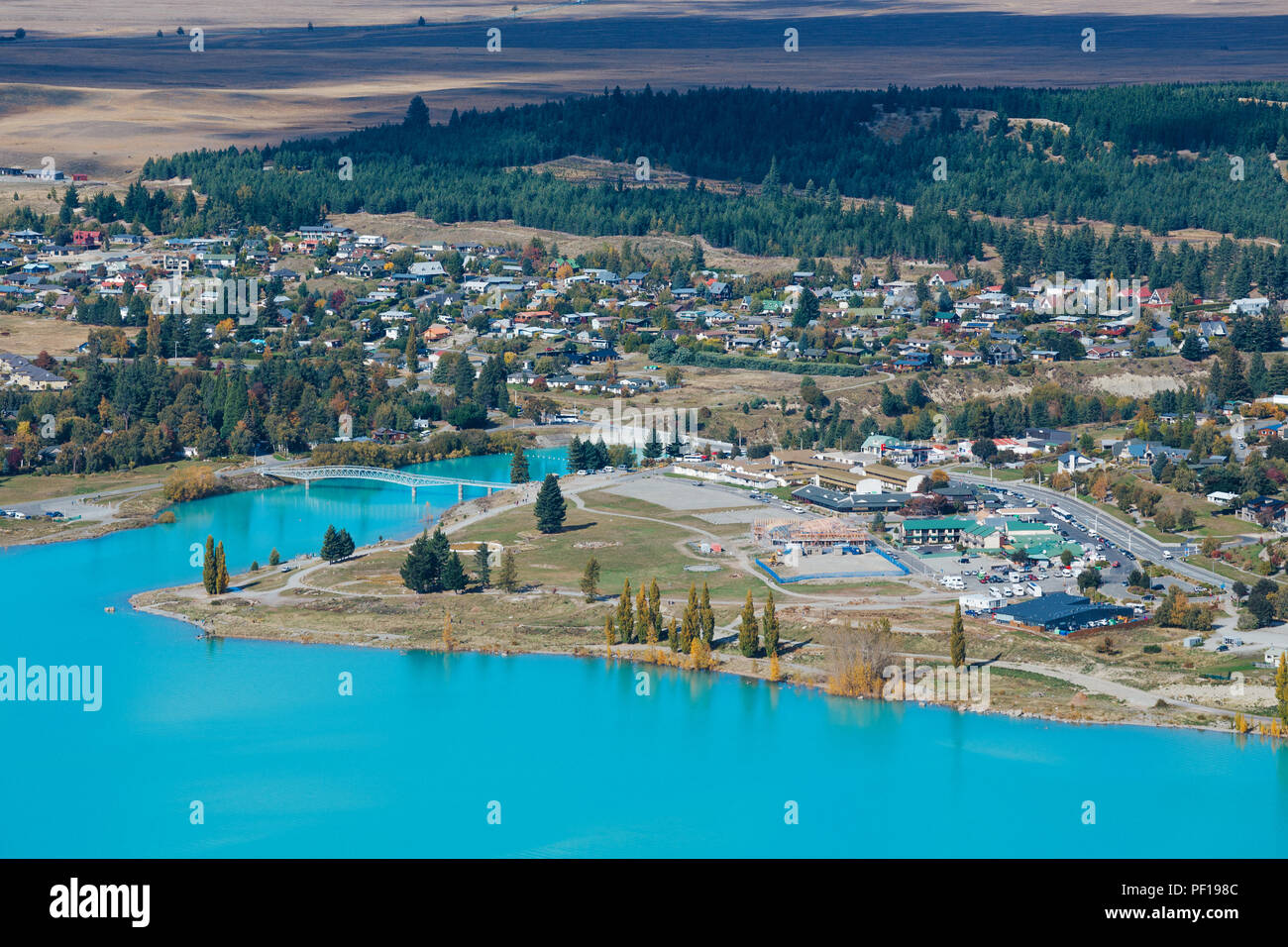 Aerial view of Lake Tekapo from Mount John Observatory in Canterbury ...