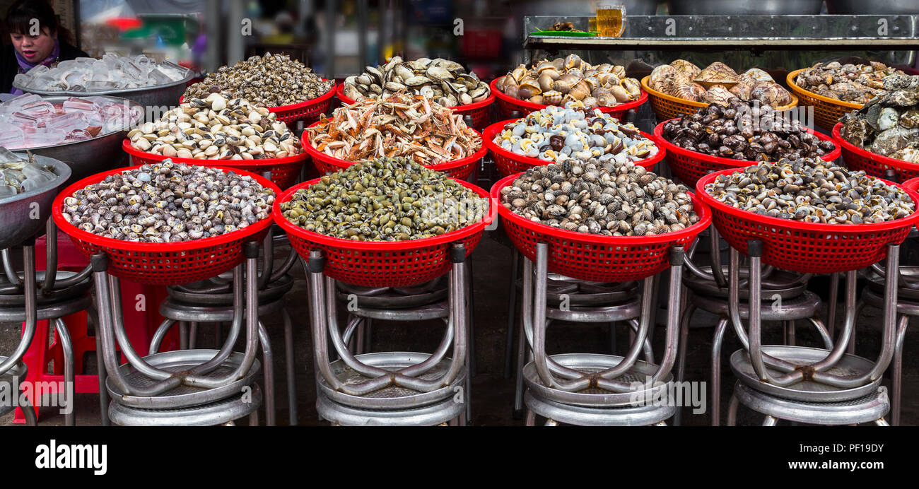Red Baskets of shell fish sitting all lined up on upside down chairs. Several rows on an organized display. Stock Photo