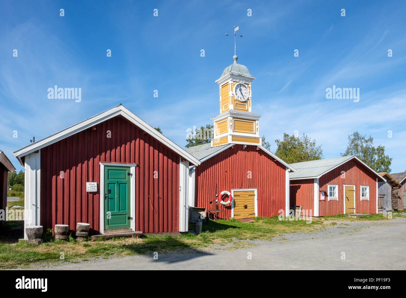 Fishermans cottages on the Swedish side of Torne river. Kukkola rapids has been a fishing site since medieval times. Stock Photo