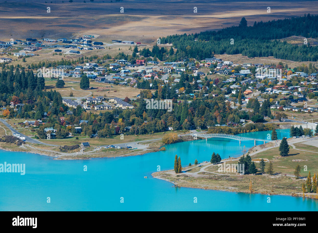 Aerial view of Lake Tekapo from Mount John Observatory in Canterbury ...