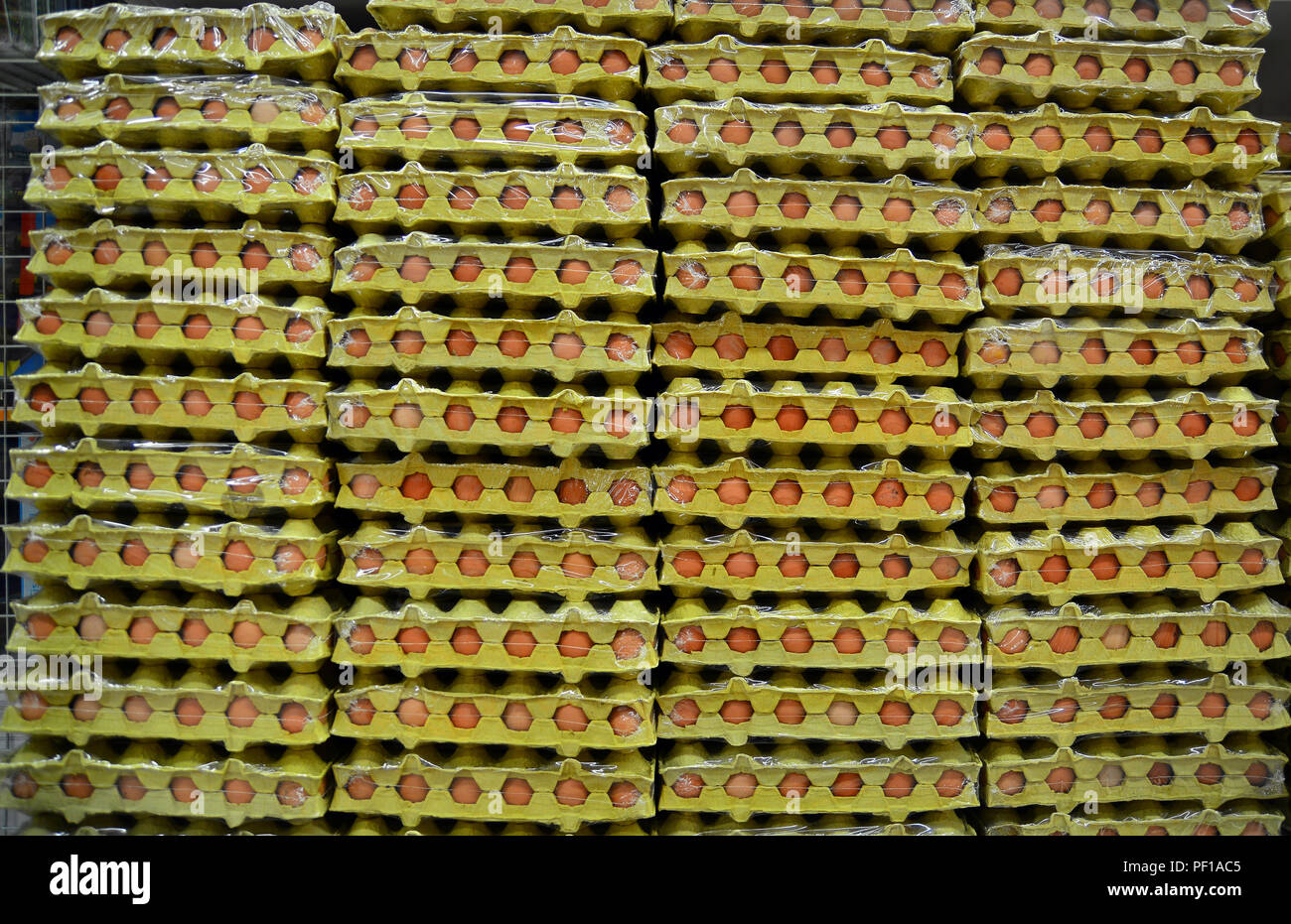 stacked eggs at the supermarket Stock Photo