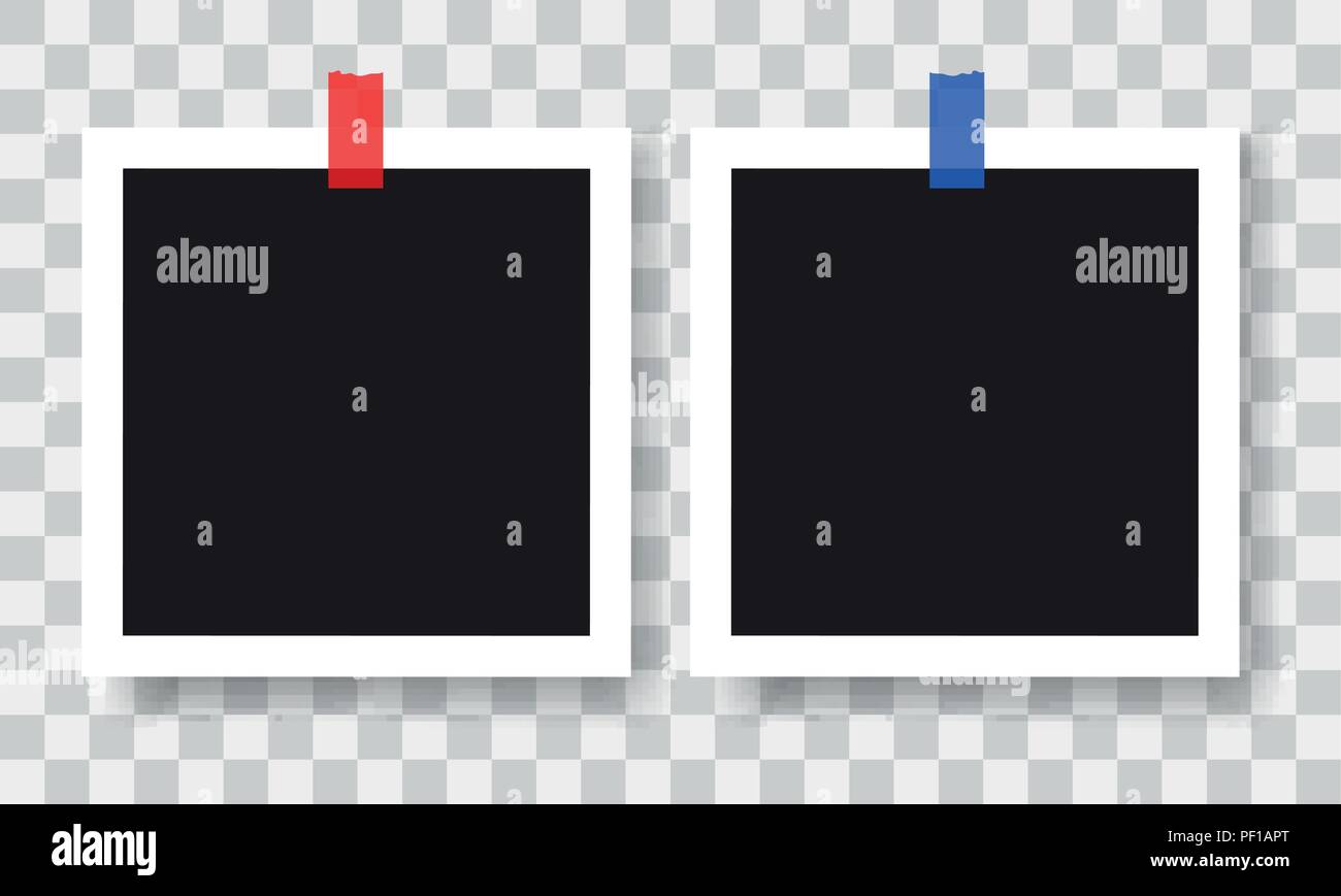 Realistic photo frames with color adhesive tapes, vector illustration