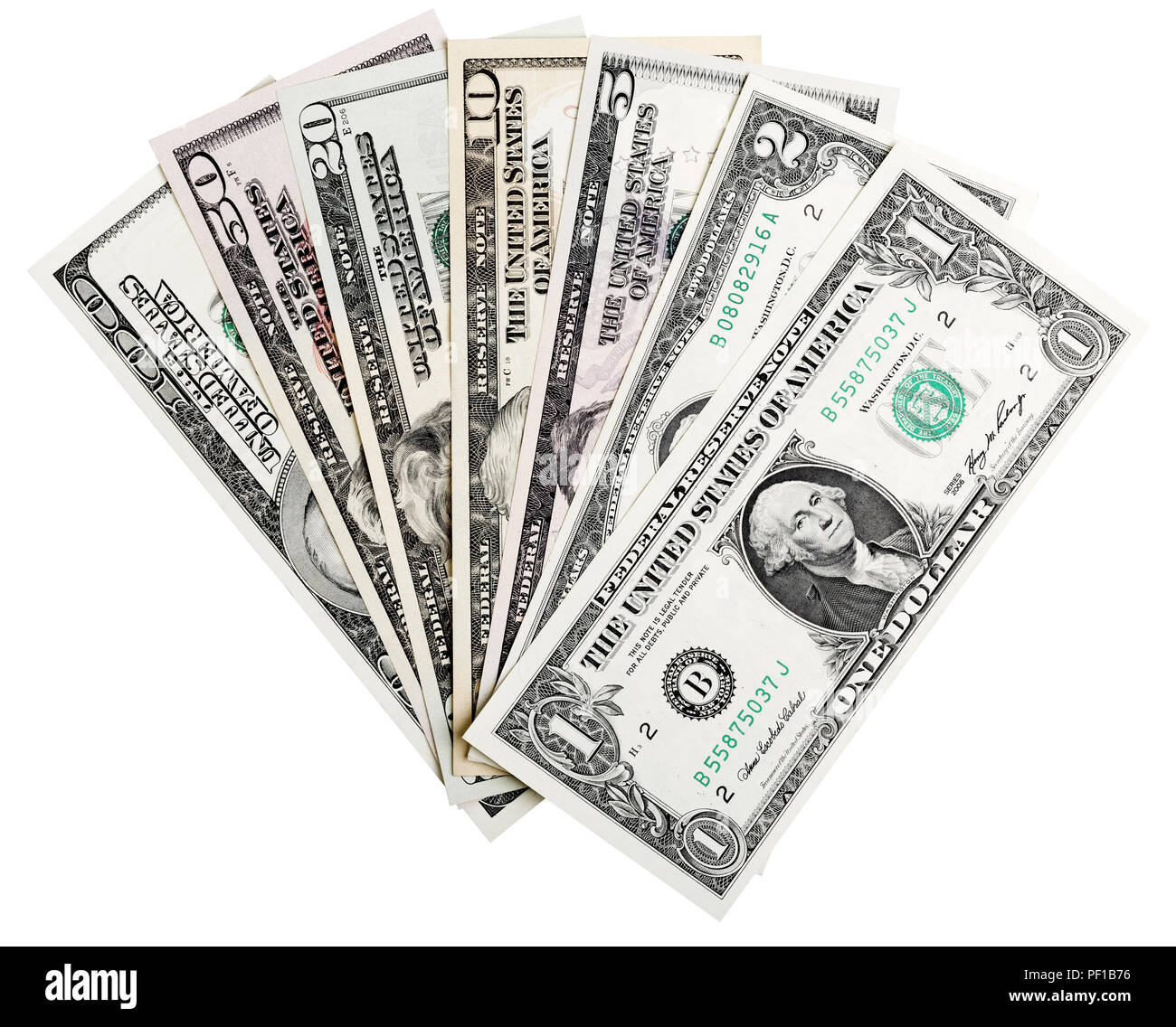 1, 2, 5 10 20 50 100 dollars banknotes isolated on white clipping path included. US money close up. Stock Photo