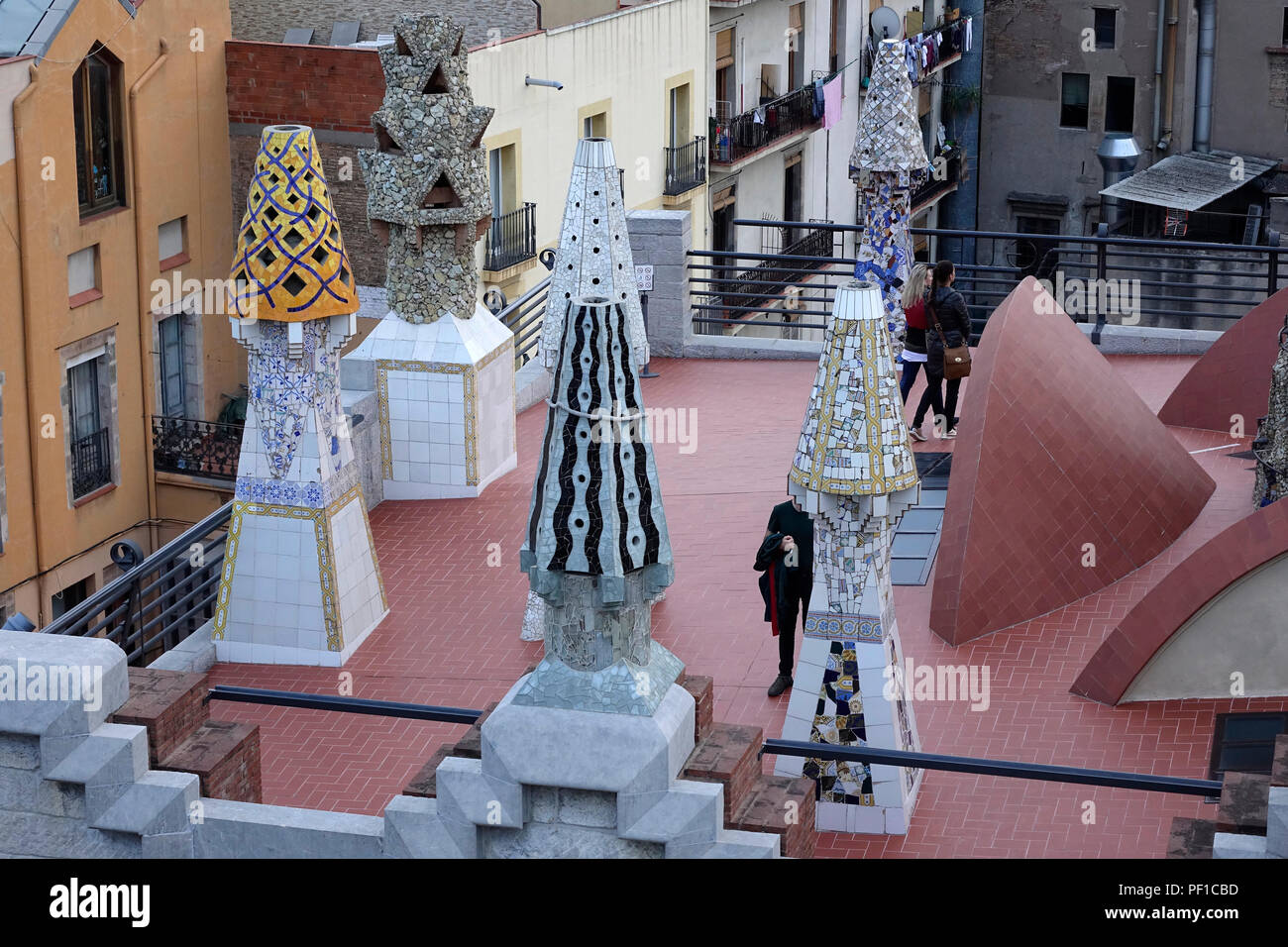 The Palau Guell Museum Rooftop Showing The Decorated Ceramic Chimneys Designed By Antoni Gaudí Barcelona Spain Stock Photo