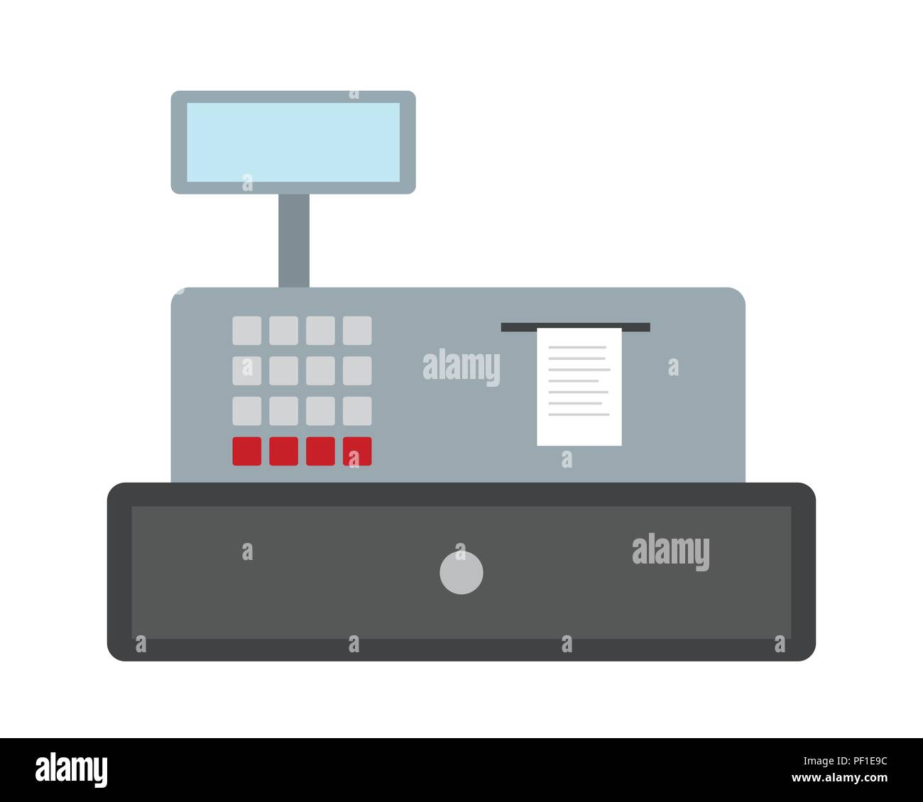 Flat design illustration of a cash desk with blank display, buttons and printed paper receipt - vector, isolated on white background Stock Vector