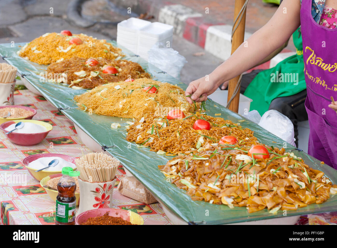 Different types of stir fried noodles on display, Thailand Stock Photo