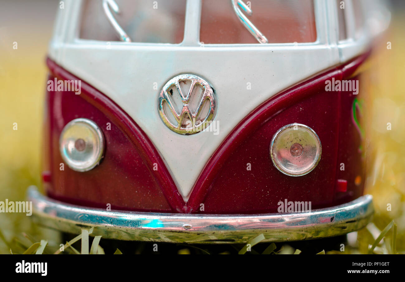 Model of a VW Volkswagen Camper Van with Surfboard, The Type T2 Split Screen was first introduced in 1950 Stock Photo
