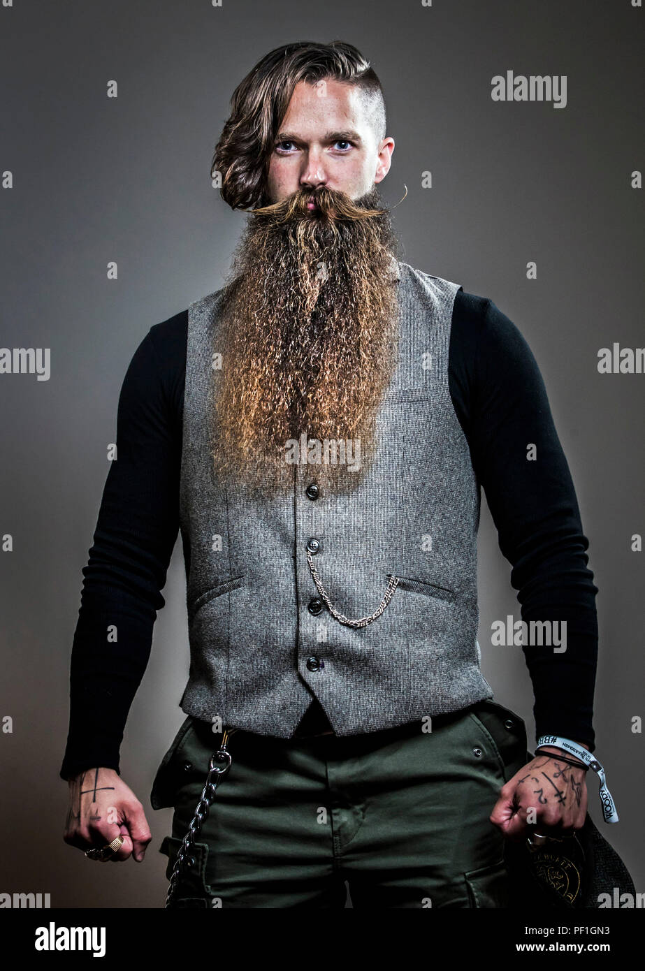 Maxwell Newton attends the fourth British Beard and Moustache Championships at the Empress Ballroom, Winter Gardens, Blackpool. Stock Photo