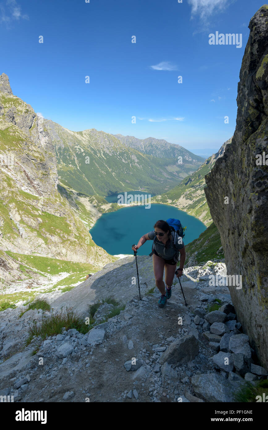 Zakopane, Poland - Aug 13, 2018: Hiker at the Czarny Staw pod Rysami and Morskie  Oko lakes in the High Tatra Mountains. Hiking the Rysy trail Stock Photo -  Alamy