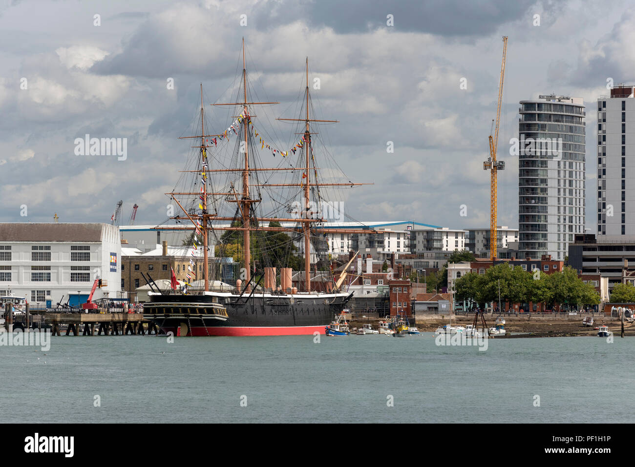 Portsmouth Dockyard, England UK. The HMS Warrior battleship & museum on