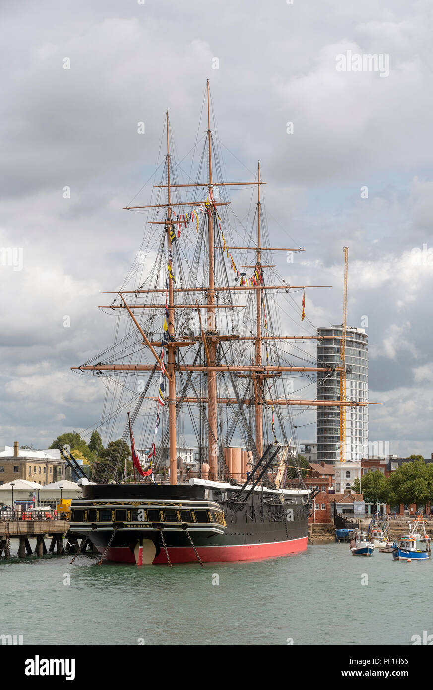 Portsmouth Dockyard, England UK. The HMS Warrior battleship & museum on