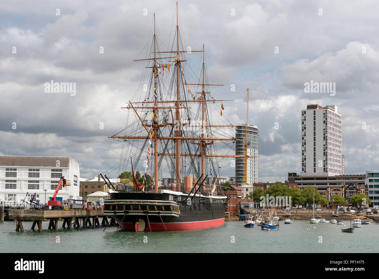 Portsmouth Dockyard, England UK. The HMS Warrior battleship & museum on