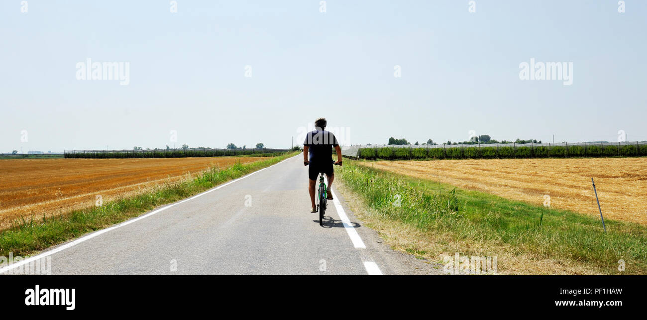 Summer vacation trip on bicycle - biker ride through gold agricultural field, Bologna, Italy Stock Photo
